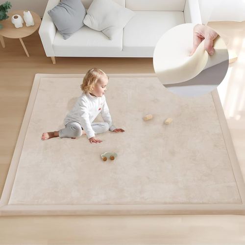 ACOMOPACK Baby Play Mat for Floor 1.3" Thick Memory Foam 50x50 Soft Velvet Playpen Mat for Kids,Infants,Toddlers,Tummy Time Crawling Mats with Non-Slip Bottom,Yoga,Tatami,Nursery Rug(Beige)