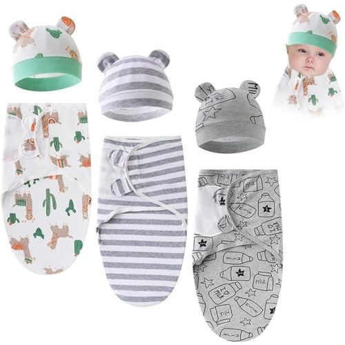 3 Sets Baby Swaddle Sleep Sack with Hat Set, Soft Baby Swaddling Blankets Cute Baby Swaddling Blankets for 0-3 Months - Type 2