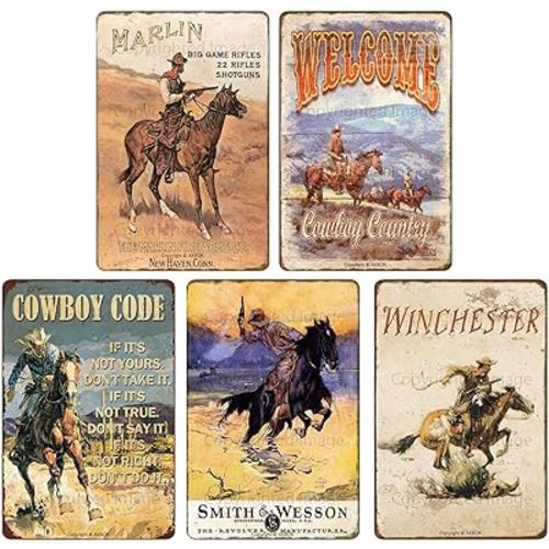 Vintage Western Cowboy Metal Sign Rustic Cowboy Metal Wall Art Tin Signs for Bar, Garage Man Cave Farmhouse Country Home Western Theme Decorations 8x12 Inch 5PCS