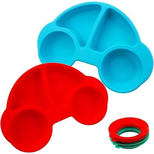 Silicone Divided Toddler Plates - Portable Non Slip Suction Feeding Plates for Children Babies and Kids BPA Free Baby Dinner Plate (Car-Blue/Red)