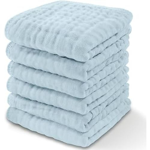 Comfy Cubs Muslin Baby Washcloths 6 Pack - Soft 6-Layer Cotton Wash Cloths for Sensitive Skin - 10"x10" Large, Gentle, Absorbent Infant Essentials for Newborn and Toddlers - (Sky Blue)