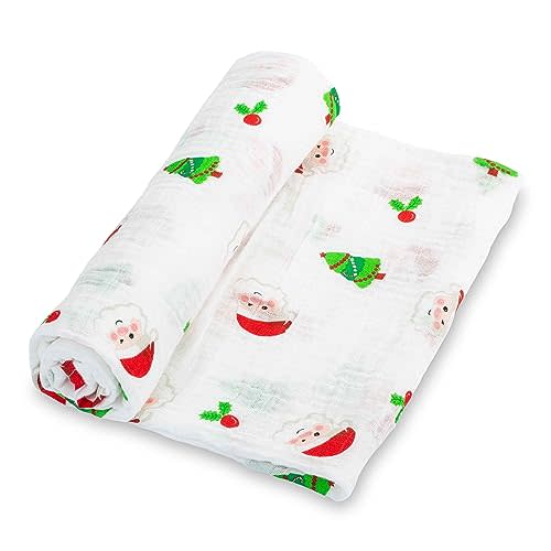 LollyBanks Muslin Swaddle Blankets, 100% Cotton Baby Blanket for Boys and Girls, 47 x 47 Inches Newborn Swaddle, Soft and Breathable Receiving Blankets, Baby Essentials, Registry (Santa Print)