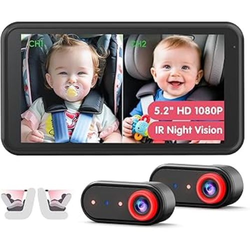 BM2 PRO Dual Baby Car Camera, 5.2" 1080P HD Display for Rear-Facing Car Seats, IR Night Vision, Anti-Shake Mount, Easy Install – Ideal for Parents with 2 Kids and Pets