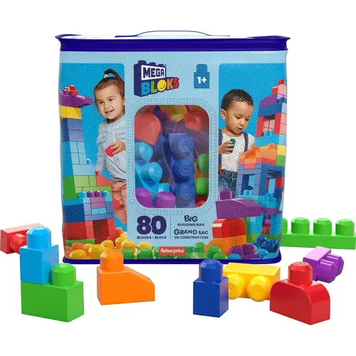 MEGA BLOKS First Builders Toddler Blocks Toys Set, Big Building Bag with 80 Pieces and Storage, Blue, Ages 1+ Years