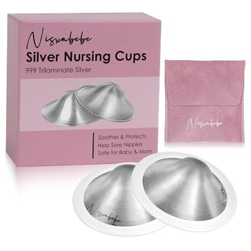 Nisxabebe The Original Silver Nursing Cups-Nipple Shields for Breastfeeding Newborn-Breast Feeding Essentials Must Haves-Nipple Covers to Protect Nursing Nipples,Trilaminate 999 Silver,Regular Size