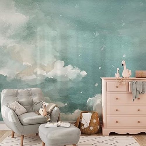 Cloudy Sky Wallpaper | Removable Self Adhesive Pastel Blue Nursery Wallpaper | Vintage Clouds Peel and Stick Wallpaper (1 roll 24" W x 96" H)