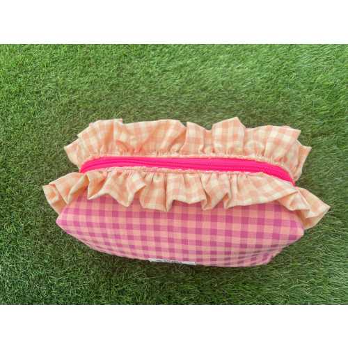 Handmade gingham + neon ruffle toiletry bag