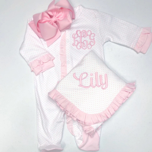 Baby girl coming home outfit, monogrammed footie, newborn clothing, girl clothing, baby shower gift, sleeper, ruffle footie pink dot