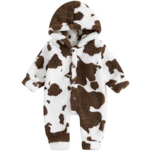 Newborn Boys Girls Fleece Western Jumpsuit Long Sleeve Button Zebra Cow Print Hooded Romper Infant Baby Winter Clothes