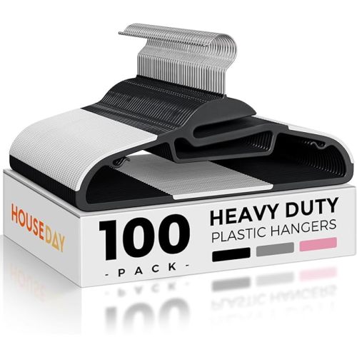 HOUSE DAY Heavy Duty Plastic Hangers 100 Pack, Black Slim Clothes Hangers Space Saving, Non Slip Hangers with Rubber Pads, Durable Coat Hangers for Closet, S-Shaped Hanger for Shirt, Suit, Pant, Skirt