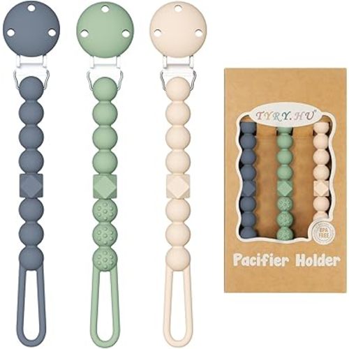 TYRY.HU 3 Pack Silicone Pacifier Holder Clip with One Piece Beads for Boys and Girls, Soft Flexible Pacifier Clip, Rust-Free Binky Clips with Texture, Keeps Pacifier Clean, Fits Most Pacifiers(Green)
