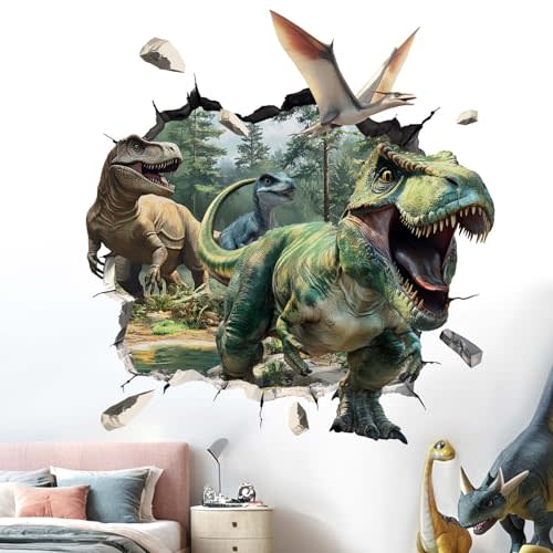 Amimagen 3D Dinosaur Wall Stickers - Tropical Palm Tree Leaf Dino Wall Decals - Nursery Kids Baby Boys Room Daycare Playroom Classroom Wall Decor