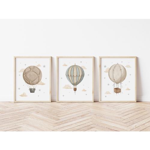 Blue Hot Air Balloon Printed art print, Printed and shipped Watercolor Hot Air Balloon printed on high archival paper Set of 3 HAB1-A3