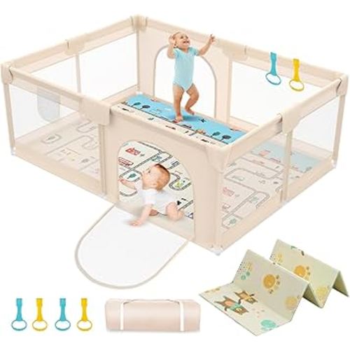 71 x 59 Baby Play Pen with Mat - Indoor & Outdoor Playpen for Babies and Toddlers - Extra Large Play Yards with Soft Foam & Sturdy Bottom Suction Cups - Toddler Baby Play Yard with Gate(Apricot)
