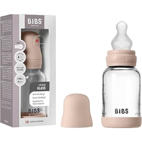 BIBS Glass Baby Bottle, 120 ml, 1-Pack, Silicone Nipple, Blush