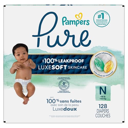 Pampers Pure Protection Diapers Newborn - Size 0, 128 Count, Hypoallergenic Premium Disposable Baby Diapers