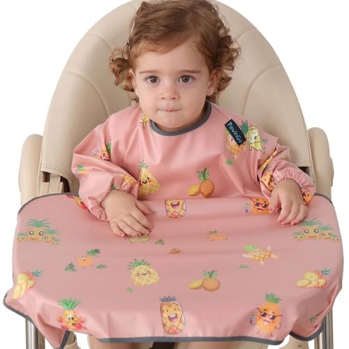 Weaning Bib & BLW Attaches and Fully Cover to Baby Highchair, Long Sleeves Bib with Waterproof, Machine Washable & Comfortable,Easy to Clean, Suitable for Baby Infant-Pink