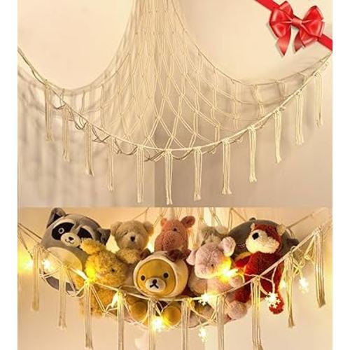 mirolam Stuffed Animal Storage with LED Snowflake Lights - Stuffed Animal Hammock Corner - Cute Hanging Stuff Animal Net Organizer Holder - Kids Room Decor