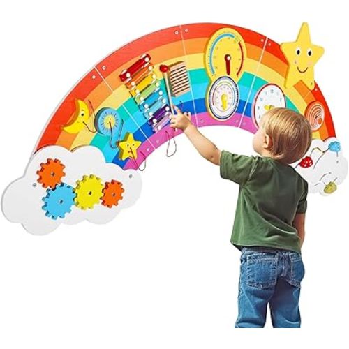 Joyibay Rainbow Sensory Wall Panel,Wooden Montessori Busy Board with 9 Activities for Toddlers 1-3, Educational Sensory Toys for Daycares, Preschool, Bedrooms