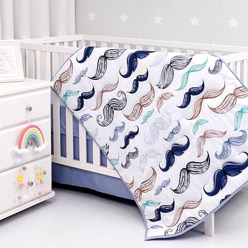 Noisy Mouse - Boho Little Man Mustache, Premium, 100% Organic Cotton 4-Piece Baby Boy Nursery Bedding Crib Set | Baby Comforter | 2 X Fitted Crib Sheets | Crib Skirt (White, Teal, Black, Brown, Blue)