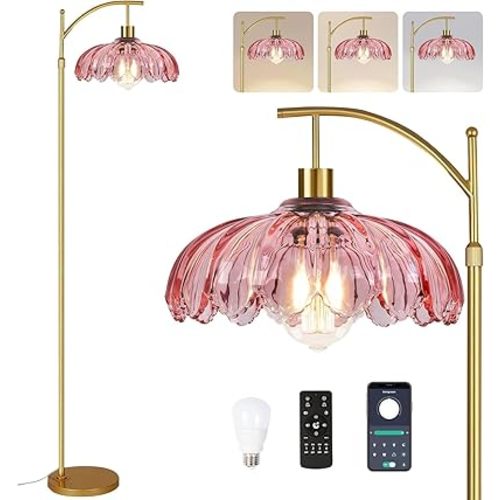 Gold Arc Floor Lamp for Living Room Bedroom,Mid Century Modern Standing Lamp with Remote,Dimmable Brass Tall Lamp Pink Flower Glass Lamp,Adjustable Vintage Floor Lamps Floor Light for Corner Office