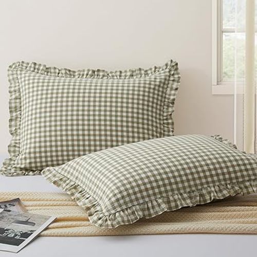 KKJIAF 2 Pcs Plaid Ruffle Pillow Case Standard Size, Ruffled Gingham Cotton Pillowcases 20x26 Inch, Linen Feel Plaid Bed Pillow Shams with Envelope Closure for Sofa Bed (Sage Green Plaid)