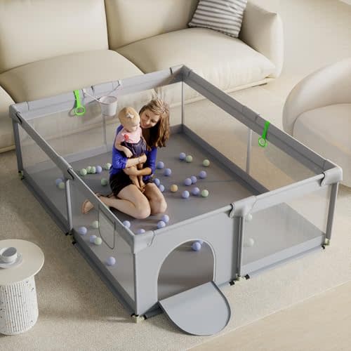 SIHISMO Large Baby Playpen 71"" 59"", Baby Play Pens for Babies and Toddlers, Sturdy Safety Baby Play Yard Indoor Activity Center, Baby Fence with Soft Breathable Mesh and Zipper Gate, Grey
