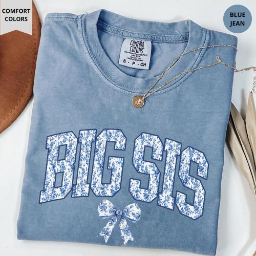 Toile De Jouy Coquette Big Sis Shirt Chinoiserie Cool Sister Cute Blue Ribbon Floral Bow for Best Sis Birthday Gift Matching Favorite Sister