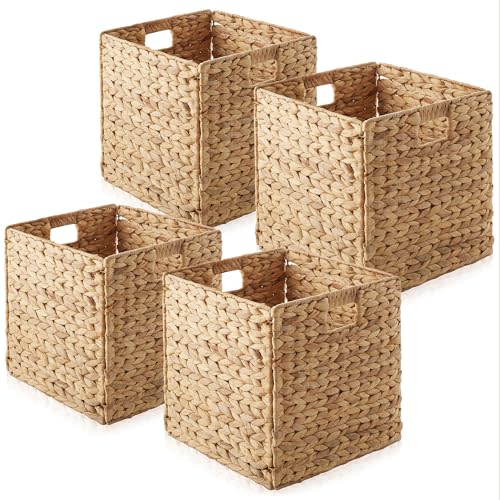 Casafield 12" x 12" Water Hyacinth Storage Baskets, Natural - Set of 4 Collapsible Cube Organizers, Woven Bins for Bathroom, Bedroom, Laundry, Pantry, Shelves