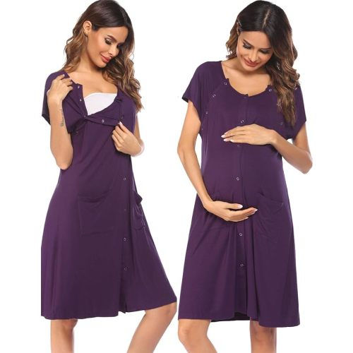 Ekouaer 3 in 1 Labor/Delivery/Hospital Gown Nursing Dress Maternity Nightgown Sleepwear for Breastfeeding with Button S-XXL