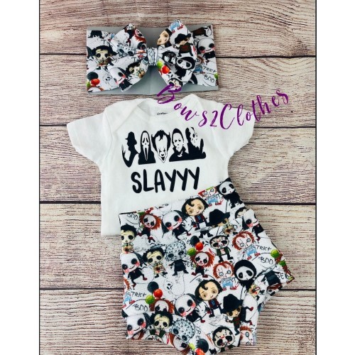 Halloween Horror Halloween High Waisted Bummies/ Baby Girl High Waisted Shorts/ Bummies and Headwrap Bow Set