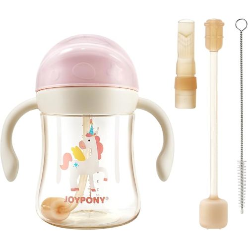 Sippy Cups for Toddlers 1-3, Spill Proof Weighted Straw Cup with Handle for Baby 6 Months + old, 2 Silicone Straws, PPSU, BPA Free, 9 oz (Pink)