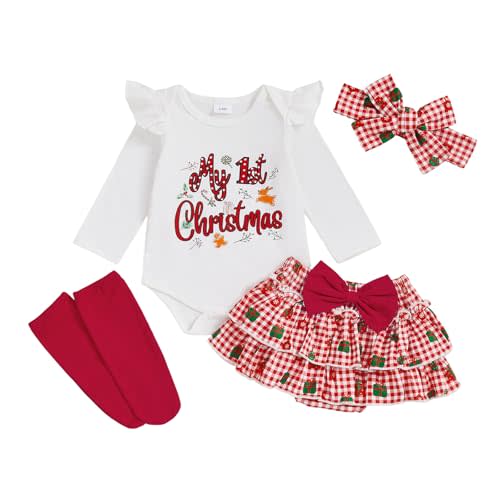 Fortuneme My First Christmas Baby Girl Outfit Letter Print Romper Ruffle Skirt Shorts Set Newborn Fall Winter Clothes 0-18M