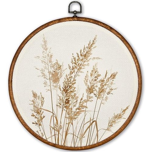 TLESKE Beige Rustic Fall Botanical Round Wall Art Decor, Boho Autumn Wildflower Floral Framed Canvas Prints Wall Art Artwork, Neutral Vintage Wall Hanging Door Decor Decorations for Farmhouse Bedroom Living Room 10x10in