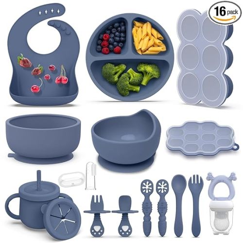 16PCS Silicone Baby Feeding Set, All-in-One for Starting Solids | Fruit feeder and multi-size freezer tray, BPA-free, Suction bases, Dishwasher & microwave safe, 6 month+