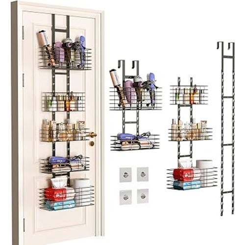 5-Tier Over The Door Organizer Bathroom - Hair Dryer Holder - Hair Tool Organizer Adjustable Height, DIY Bathroom Storage Shelf Wall Mounted for Flat/Curling Irons, Straighteners, Skincare