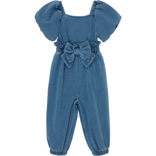 Baby Puff Sleeve Indigo Knit Jumpsuit, 12M, Med Stone