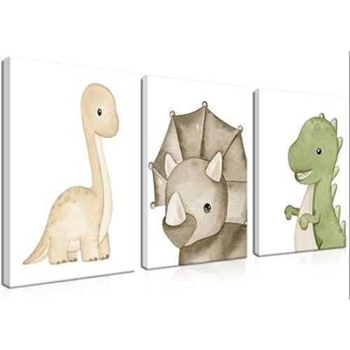 Dinosaur Wall Art Set of 3 Kids Boys Room Nursery Canvas Wall Decor Dino Nursery Wall Art Pictures Baby Dinosaur Poster Prints for Boys Bedroom Bathroom 12x16 inch Framed