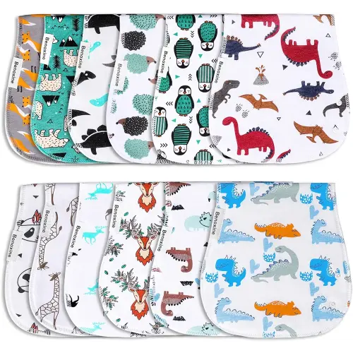 Burp Cloths & Baby Bibs 2-in-1 Large Size 3 Layers Thicken 100% Cotton Super Soft Absorbent for Teething and Drooling Baby Spit Up Burping Rags Set for Boys and Girls Infant Newborn 12 Pack