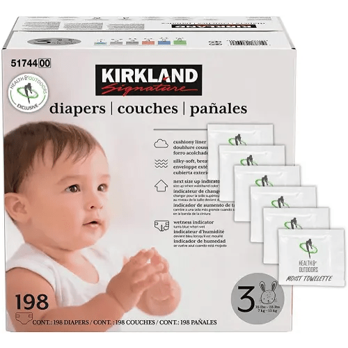 Kirkland Signature Diapers Size 3 (16 lbs - 28 lbs) 198 Count W/ Exclusive Health and Outdoors Wipes