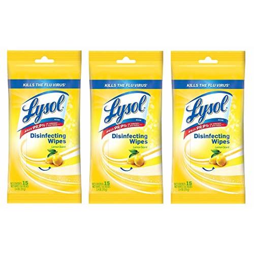 Lysol Disinfecting Wipes To-Go Pack, Lemon Scent, 15 Count (Pack of 3)