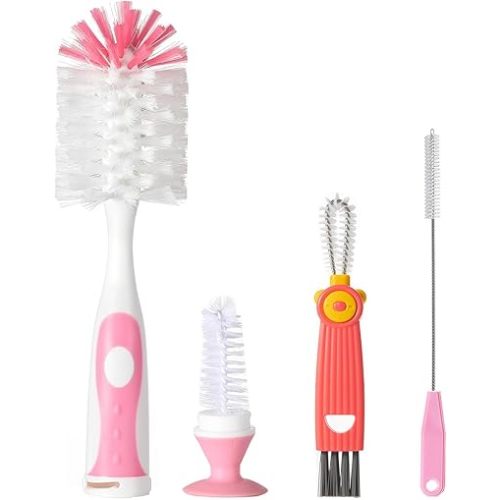 Baby Bottle Brush Set 4 in 1, Baby Bottle Cleaner, with 1P Nylon Bottle Brush, 1P Bottle Cap Brushes, 2P Straw Brushes, Bottle Brush with Nipple Cleaner and Suction Cup, BPA-Free(Pink)