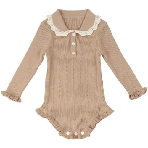 HOOLCHEAN Baby Girls Knitted Ruffled Bodysuit Infant Spring Autumn Long Sleeve Lapel Romper