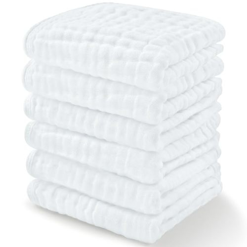 Comfy Cubs Muslin Baby Washcloths 6 Pack - Soft 6-Layer Cotton Wash Cloths for Sensitive Skin - 10"x10" Large, Gentle, Absorbent Infant Essentials for Newborn and Toddlers - (White)