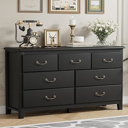 Farmhouse 7 Drawer Dresser for Bedroom, Chest of Drawers with Antique Handles, Modern Wooden Black Dressers, Vintage Rustic Dresser Storage Organizer for Bedroom