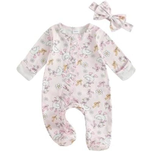 Newborn Baby Girl Outfits Bow/Plaid Print Footed Jumpsuit Ruffle Zipper Romper Cute Fall Baby Coming Home Outfit