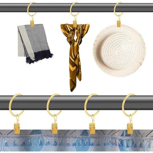 40 Pcs 1.26" Metal Curtain Rings with Clips, Drapery Hanging Rings Clips for Tension Rod Bracket Eyelets Decorative Hangers, Gold