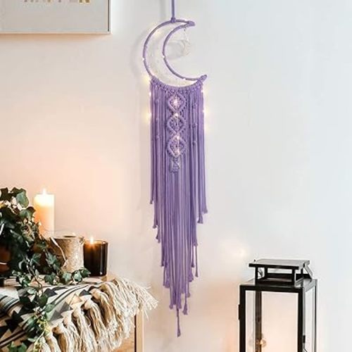Boho Macrame Woven Wall Hanging for Girl, Crochet Crescent Moon Star Dream Catcher with Light, Purple Cotton Handmade Bohemian Home Decor Decoration for Kids Nursery Bedroom Dorm Room