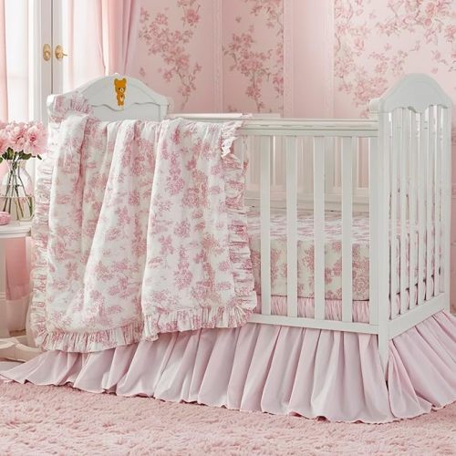 Brandream French Country Toile Crib Bedding Set for Girls Vintage Pink Toile Floral Print 100% Cotton Baby Girl Nursery Bedding Collection - Ruffles Quilt,Toile Crib Sheet,Crib Bed Skirt 3 Pieces