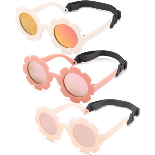 COASION 3 Pack Bendable Polarized Sunglasses with Strap for Newborn Baby Girls Boys 0-24 Months, Flower Design